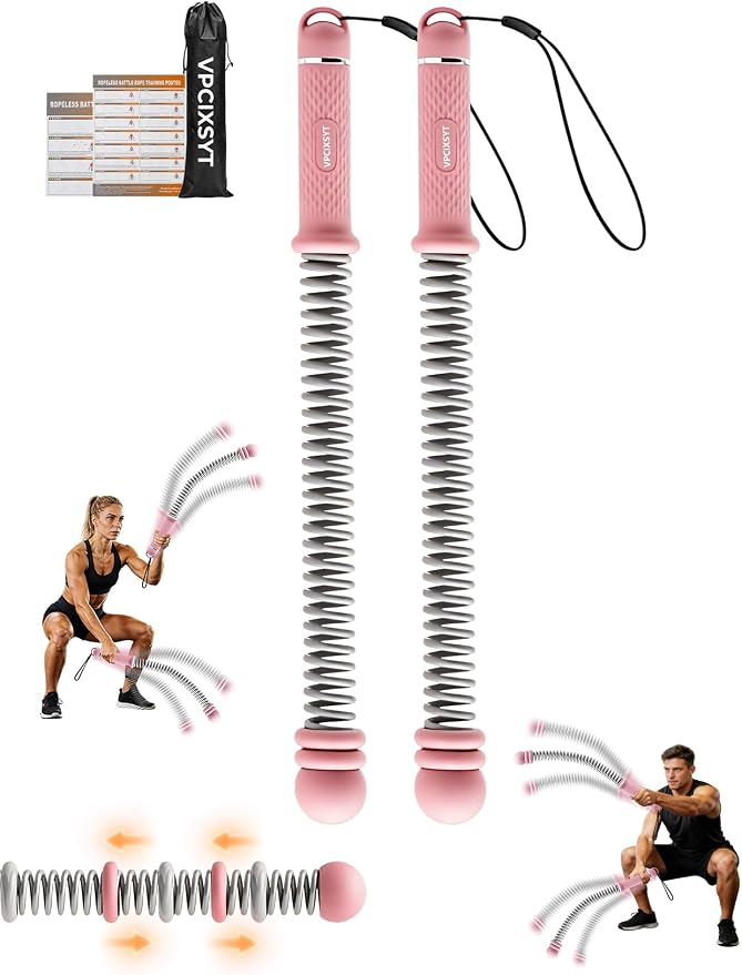 Cordless Battle Ropes 2 Pack Adjustable Weight Portable Ropeless Battle Ropes for Home Gym Full Body Workout with Non Slip Handle and Training Poster for HIIT Cardio Strength Training Men Women,Pink