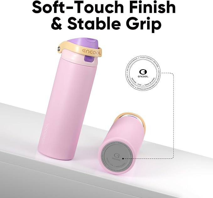 ENCOOL Leakproof Insulated Water Bottle with Straw Dual-Sip Water Bottle Bag-Safe Design for Work, Commute & Gym – Keeps Drinks Cold All Day, 18 oz, Peach Purple