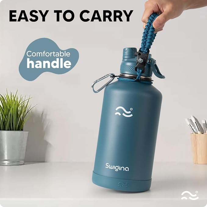 Swigina 64 oz Insulated Water Bottle with Silicone Boot (48hrs Cold/24hrs Hot) - DIY Stickers, Leakproof, BPA Free, Half Gallon [2-IN-1 LID