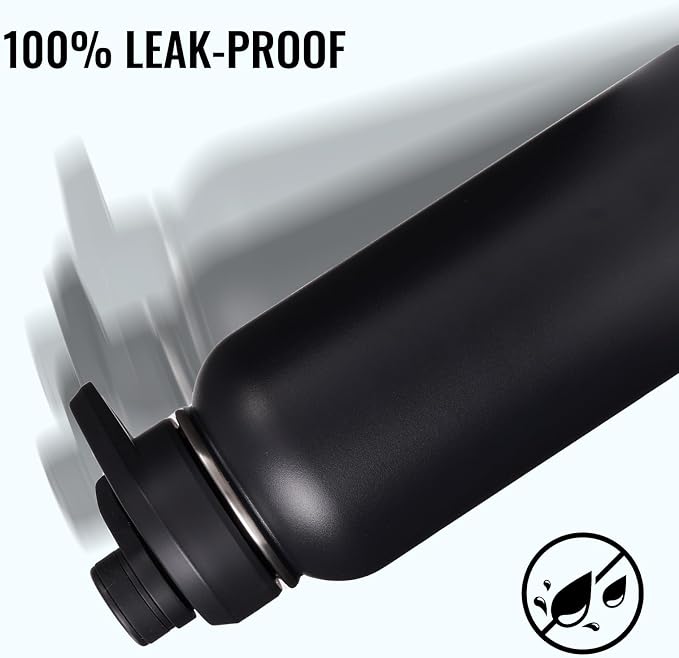 Fijinhom Insulated Water Bottle with Handle, 304 Stainless Steel Water Bottles with Wide Mouth, Double Wall Vacuum Sports Water Bottle, BPA Free, Keep Cold and Hot, 32 Ounces Black