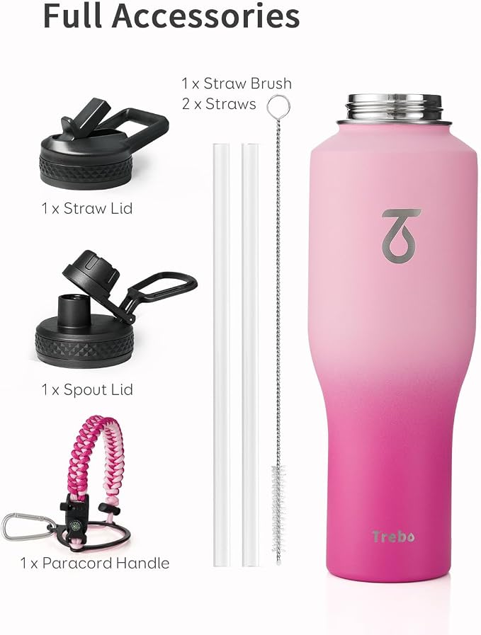 Trebo 40 oz Water Bottle Insulated Fit in Any Car Cup Holder with 2 Lids | Stainless Steel T-shape Tumbler with Paracord Handle, Triple Wall Vacuum Copper Plated, Cold 48 Hrs for Travel, Wide Mouth