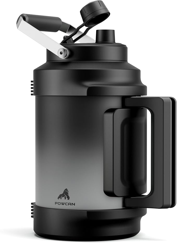 POWCAN 128 oz Insulated Water Bottle: 2-in-1 Straw Spout Lid, Dual Handle, Leakproof, Keep Cold 48H, Gallon Stainless Steel Water Jug for Camping, Travel, Gym, Hydration, Fitness, Daily (Obsidian)