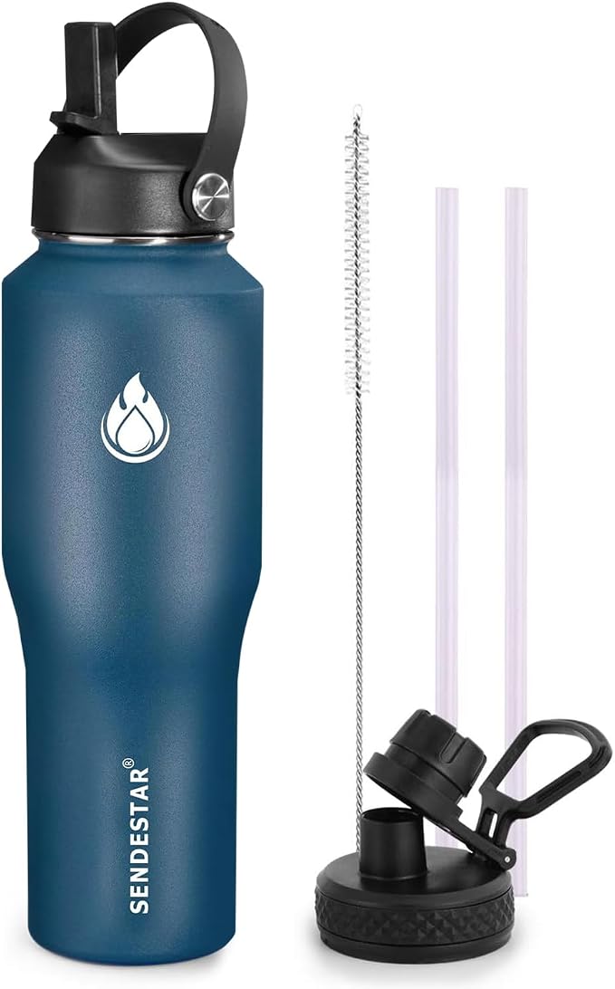 SENDESTAR Water Bottle 32oz,2 Lids(Straw lid),Wide Mouth Stainless Steel Vacuum Insulated Double Wall Keep Liquids Cold or Hot All Day,Sweat Proof Sport Design,Fit Car Cup Holder(Cobalt)