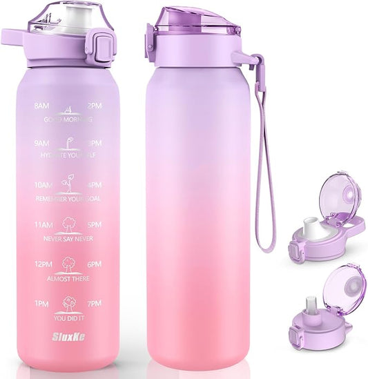 SLUXKE Stainless Steel Insulated Water Bottles 17oz with Handle, Double Wall Insulated Bottle with Time Marker BPA Free, 500ml Metal Water Flask for Outdoor Working School PURPLE PINK