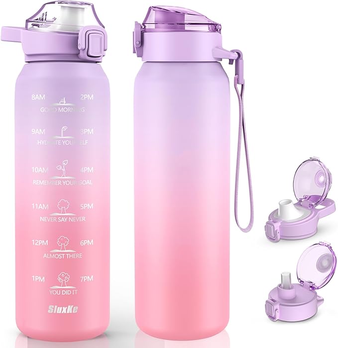 SLUXKE Stainless Steel Insulated Water Bottle 32oz with Handle, 1L Double Wall Insulated Bottle with Time Marker BPA Free, 1000ml Metal Water Flask for Outdoor Working School PURPLE PINK