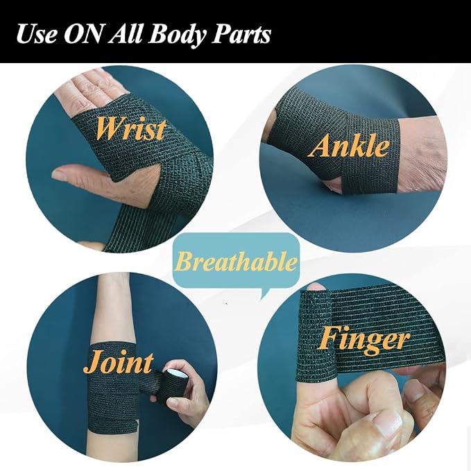 Self Adhesive Bandage Wrap,2" Black Cohesive Bandages Vet Wrap Sports Tape | CIYAGPOOU 8 Pack Elastic Breathable Athletic Wrap Bulk for First Aid Supplies, Wrist Sprains Protection