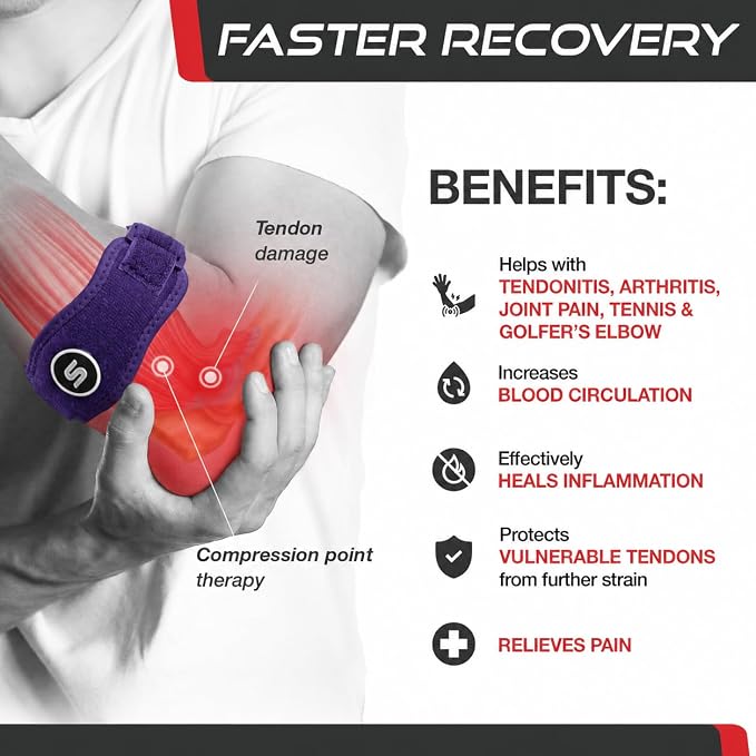 Sleeve Stars Tennis Elbow Brace for Men & Women, Elbow Brace for Tendonitis, Tennis Elbow Strap, Golfers Elbow Brace, Elbow Support Wrap for Tennis Elbow Relief, Fits 9"-23" (Single/Dark Purple)