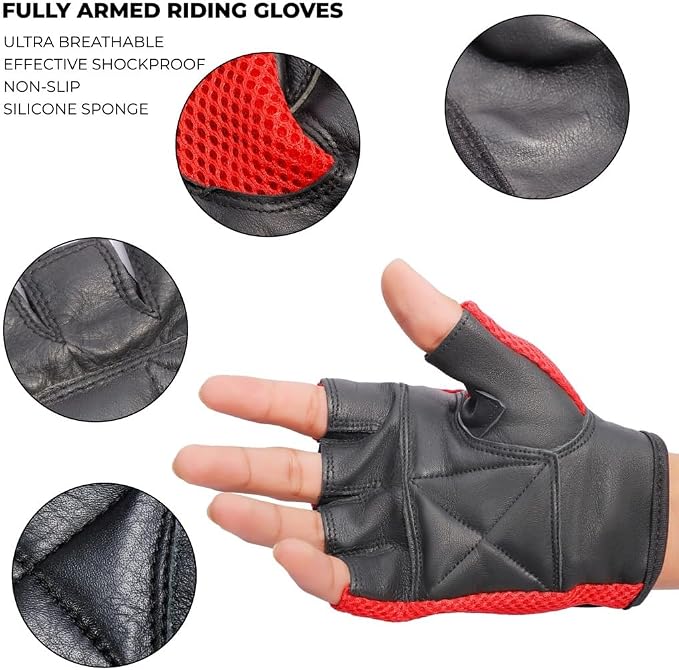 Leather MESH Fingerless Weight Lifting Exercise Gym Wheelchair Gloves Black/RED WLG-021