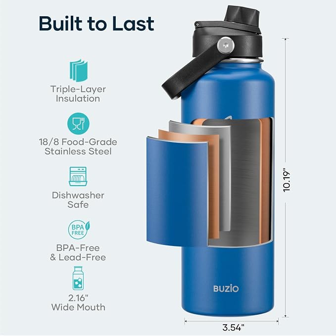 BUZIO Triple Wall Vacuum Water Bottle with Dust-proof Straw & Spout Lids | 40 oz Insulated Stainless Steel Water Flask (Cold for 48 Hrs/Hot for 24 Hrs), Dishwasher Safe, Leakproof, Non-BPA, for Hiking