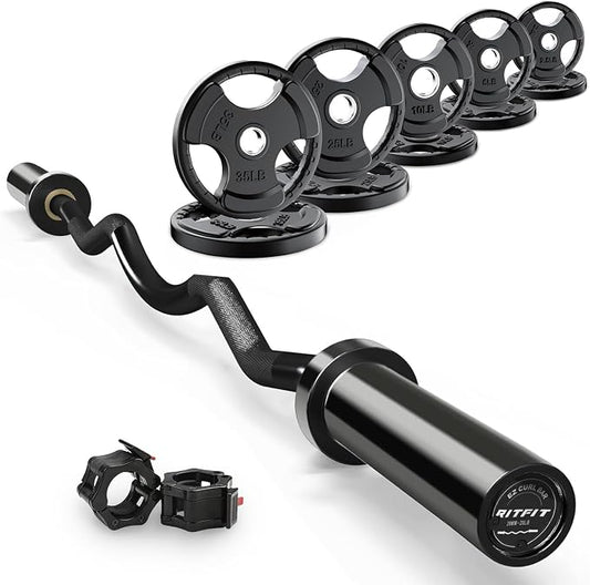 RitFit 2 Inch EZ Curl Bar Olympic Barbell with Weight Plates & Collar | 4FT EZ Curl Bar with 35LB Weight Plates, Collars for Bicep, Tricep Workout, Weightlifting, 350LBS Weight Capacity