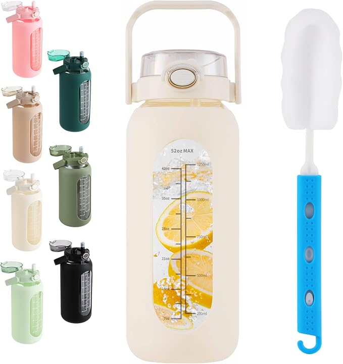 52 oz Glass Water Bottle with 2-in-1 Straw Lid Large Half Gallon Water Bottle with Time Marker & Removable Silicone Sleeve,Wide Mouth BPA-Free Borosilicate Bottle for Gym, Workout & Daily Use