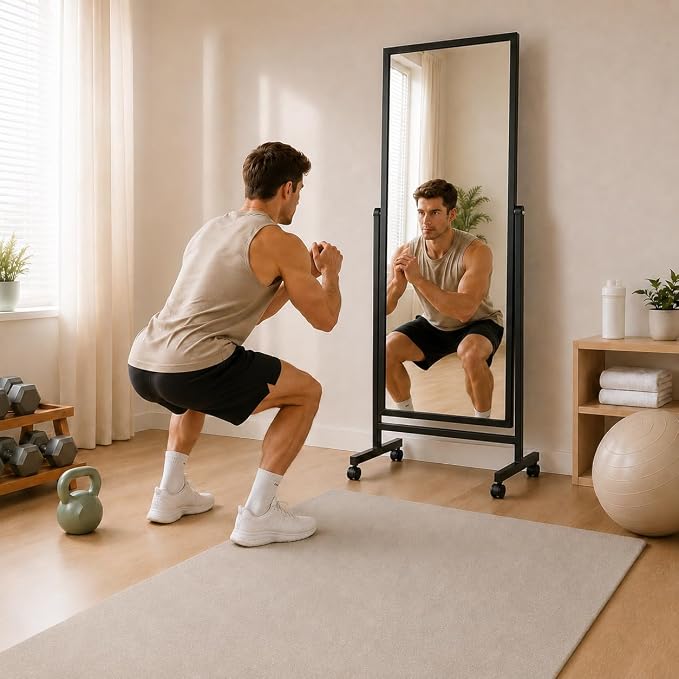 Swivel Adjustable Full Length Mirror on Wheels, 65"x22" Mobile Wood Frame Cheval Bedroom Free Standing Floor Mirror with Stand, Tiltable, Easy to Move (Black-65 x22)