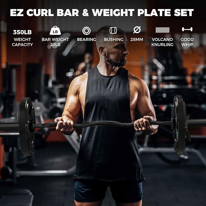 RitFit 2 Inch EZ Curl Bar Olympic Barbell with Weight Plates & Collar | 4FT EZ Curl Bar with 35LB Weight Plates, Collars for Bicep, Tricep Workout, Weightlifting, 350LBS Weight Capacity