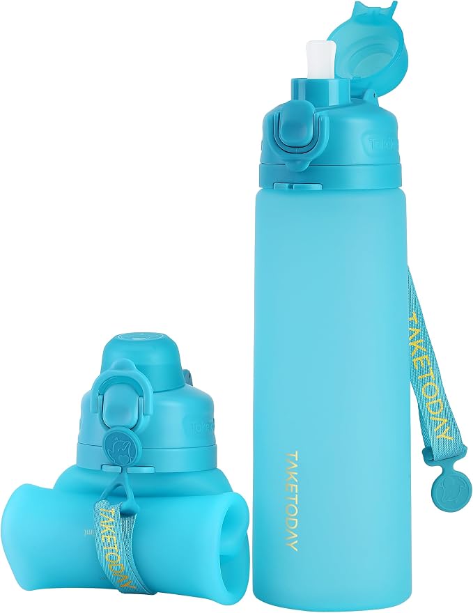TakeToday Collapsible Water Bottles 21oz (600mL), Foldable Platinum Silicone Travel Water Bottle with Straw & Carry Strap, Leak-Resistant Screw Lid, Wide Mouth, BPA-Free for Hiking, Camping, Travel