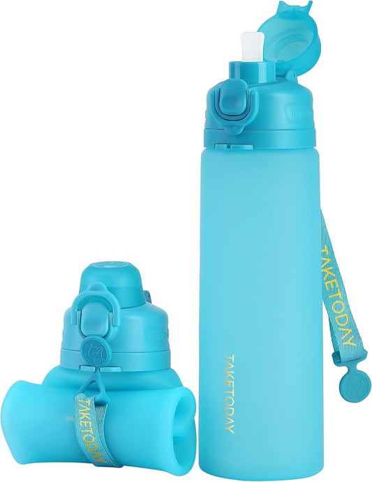 TakeToday Collapsible Water Bottles 21oz (600mL), Foldable Platinum Silicone Travel Water Bottle with Straw & Carry Strap, Leak-Resistant Screw Lid, Wide Mouth, BPA-Free for Hiking, Camping, Travel