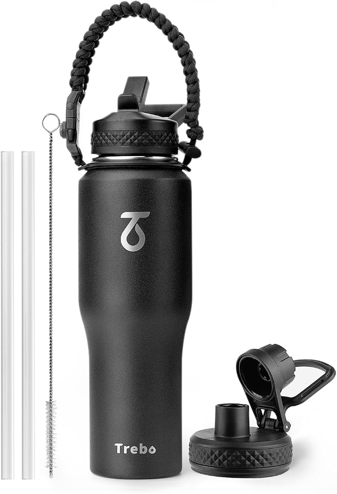 Trebo 32 oz Water Bottle Insulated Fits in Any Car Cup Holder with 2 Lids | Stainless Steel T-shape Tumbler with Paracord Handle, Triple Wall Vacuum Copper Plated, Cold 48 Hrs for Travel, Leakproof