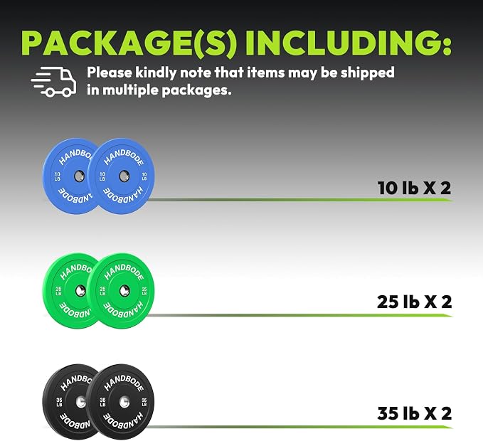 HANDBODE 2-Inch Weight Plates High Bounce, Olympic Bumper Plate Set 45/100/160/190/260/300lb, Colored Weight Plates Set for Home Gym, Barbell Weights Rubber Strength Training Plate for Weight Lifting
