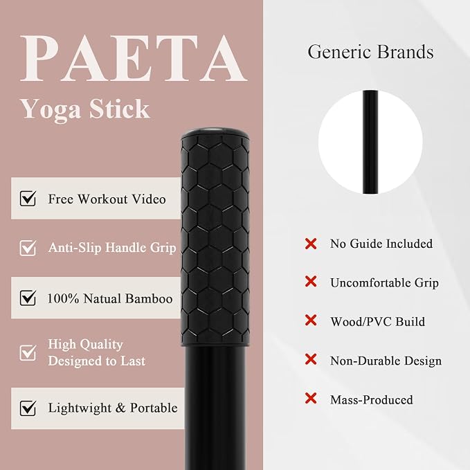 PAETA Yoga Stick for Stretching, 5ft Exercise Stick for Mobility & Flexibility, Bamboo Stretch Bar and Posture Pole with Non-Slip Grip - Includes Free Video Guide