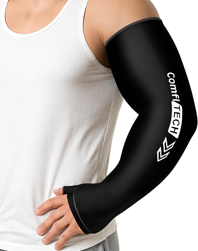 ComfiTECH Full Arm Wrist Ice Pack Wrap, Tennis Cold Sleeve, Large | Flexible Extended Elbow Ice Sleeve for Pitchers, Golfers Players, Reusable Cold Brace for Muscle Comfort, Throwing Recovery