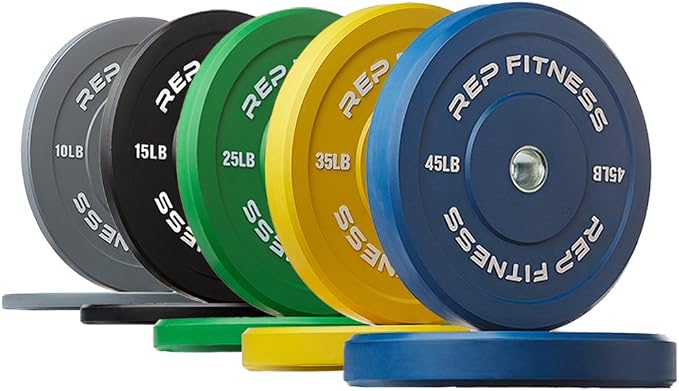 REP Color Bumper Plates LB Olympic Barbell Weights – Rubber Training Discs for Home Gym Strength Lifting, Low Bounce Durable, Weight Pairs & Sets 10 15 25 35 45 Pound Options