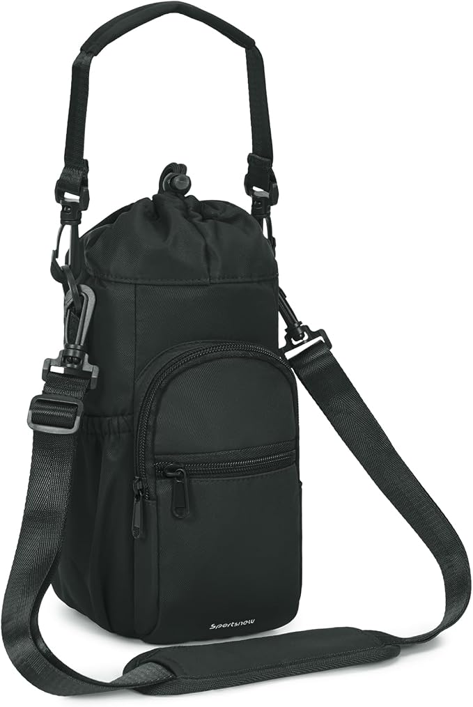sportsnew 40oz Insulated Crossbody Water Bottle Bag Gym Hiking Phone Pocket | Water-resistant Lining, Padded Strap, Top Handle, Drawstring, Phone Pocket, Elastic Slots, Built-In Key Clip for Gym Walking