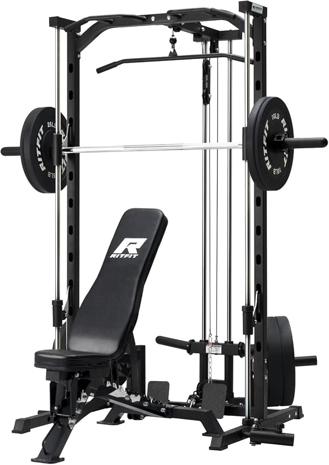 RitFit Smith Machine Power Rack with LAT-Pull Down System | Half Smith Machine with Landmine, Barbell Bar, Plate Storage Pegs and More Training Attachment