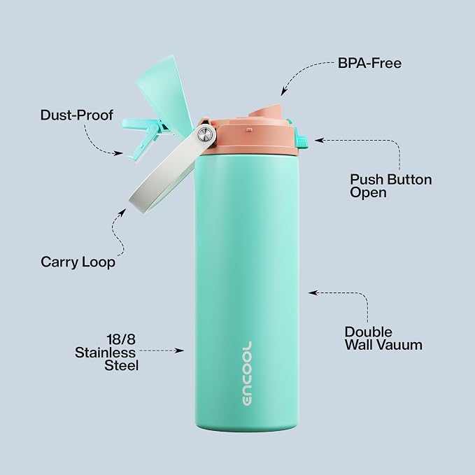 Insulated Water Bottle with Straw - Encool Stainless Steel Water Bottle with Push Button Lid, Leak-Proof & BPA-Free, Keeps Cold for 24 Hours for Sports, Travel, Gym (24 oz, Turquoise)