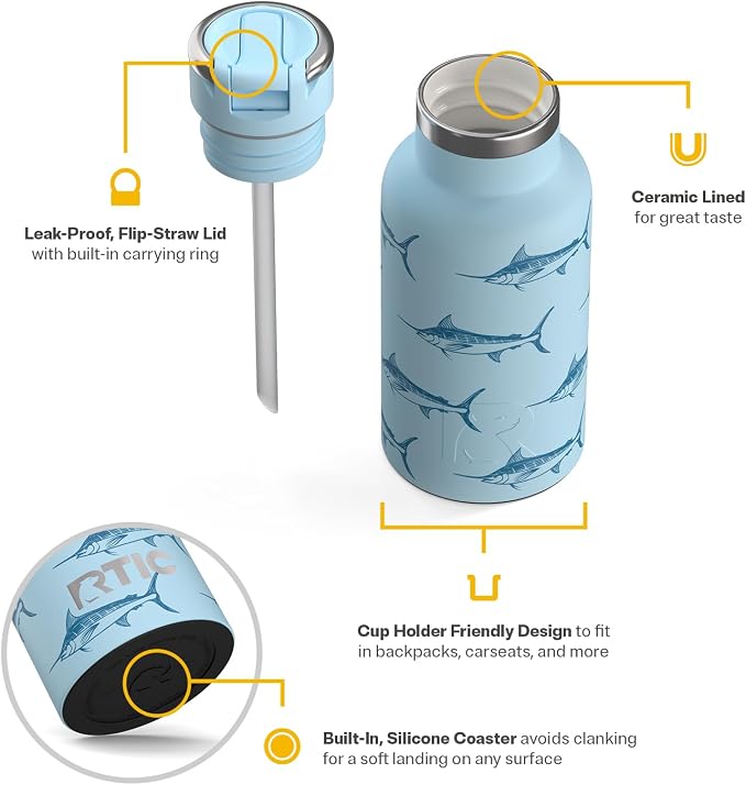 RTIC Little Journey Water Bottle with Straw, Ceramic-Lined, Insulated, Stainless Steel, Metal, Double Wall Vacuum-Insulation, Leak-Proof Lid, BPA-Free Water Flask for Sports, Travel, Blue Marlin