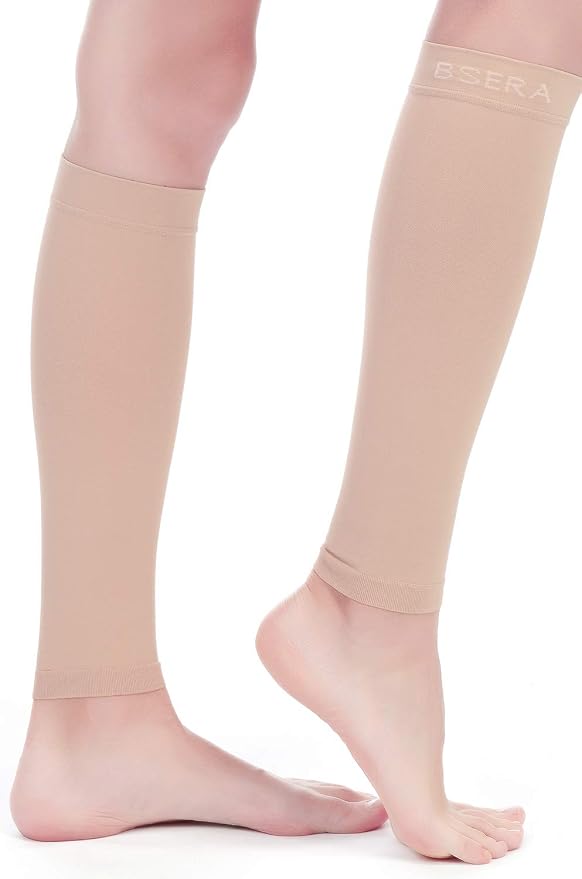 BSERA Calf Compression Sleeve Women, 2 Pairs 15-20mmHg Calf Support Footless Compression Socks Stockings for Shin Splints, Varicose Veins, Recovery (Nude/Skin, X-Large)
