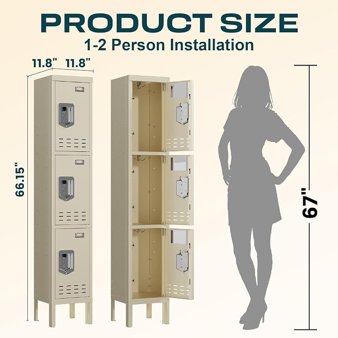 BUTISOW 3 Door Employee Metal Locker w/Card Slot for School Gym Office | Ventilated Metal Steel Locker with Mirror & Multi Hooks for Secure Storage