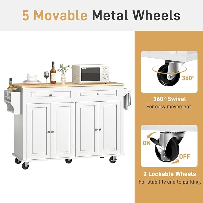 Hlivelood 55" Movable Kitchen Island with Drop Leaf and Power Outlet, Rolling Island Cart w/Storage Cabinet, Island Table on Wheels for Kitchen w/2 Drawers, Spice Rack, Towel Bar, Garage Hook, White