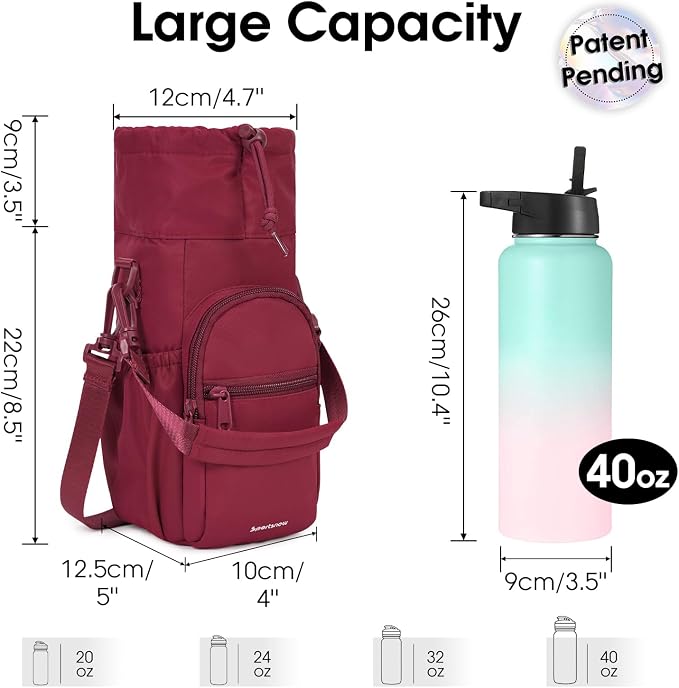 sportsnew 40oz Insulated Crossbody Water Bottle Bag Gym Hiking Phone Pocket | Water-resistant Lining, Padded Strap, Top Handle, Drawstring, Phone Pocket, Elastic Slots, Built-In Key Clip for Gym Walking
