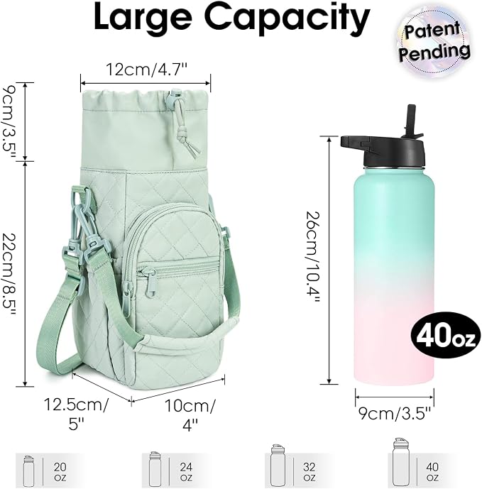 sportsnew 40oz Insulated Crossbody Water Bottle Bag Gym Hiking Phone Pocket | Water-resistant Lining, Padded Strap, Top Handle, Drawstring, Phone Pocket, Elastic Slots, Built-In Key Clip for Gym Walking