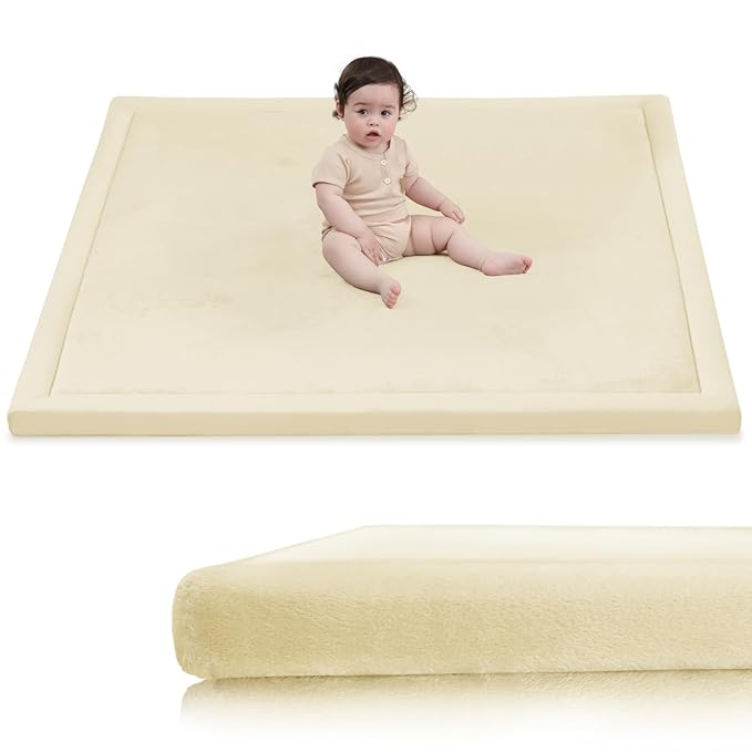 Huloo Sleep Ultra Soft Baby Play Mat for Floor,1.3" Thick Elasti-Foam 50x50 Playpen Mat for Toddlers Infant kids,Non-Slip Backing Safe for Crawling&Tummy Time,Tatami Style (Vanilla)