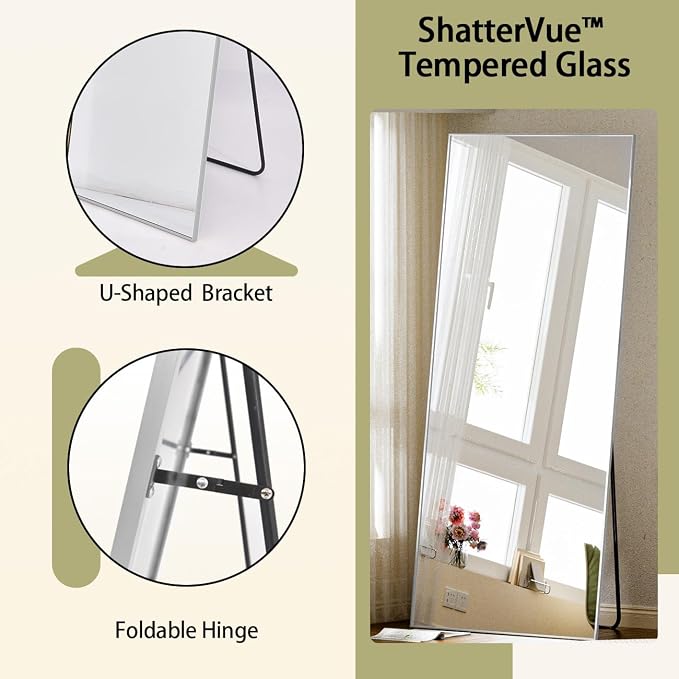 BEAUTYPEAK Full Length Mirror with Stand, 56"x21" Floor Mirror, Silver | ShatterVue Tempered Full Body Mirrors with Aluminum Alloy Thin Frame, Standing or Wall-Mounted Mirrors for Living Room