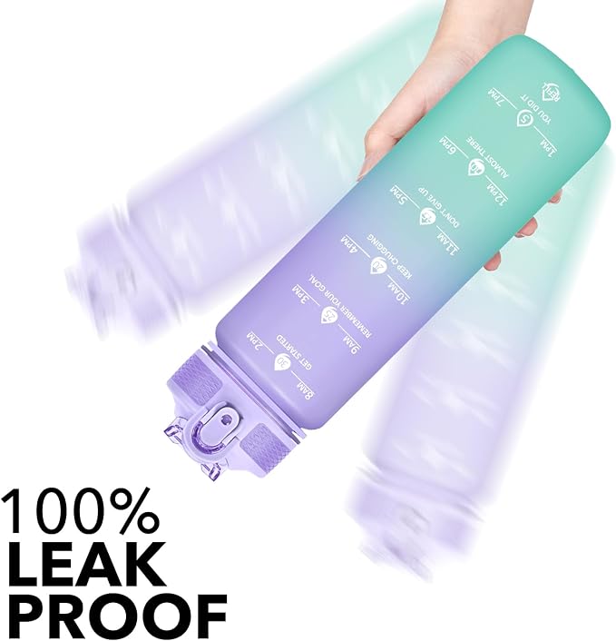 Hyeta Plastic Water Bottle With Straw & Time Marker, 32oz Leakproof Jug | Motivational Tritan BPA Free Gym Office Outdoor Intake Tracker Hourly Reminder Straw Lid Lightweight