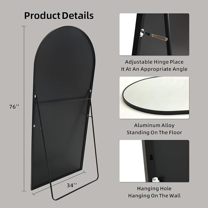 LFT HUIMEI2Y 76"x34" Arch Full Length Mirror, Black Floor Mirror | Tempered Oversized Mirror Full Body with Aluminum Alloy Frame; Standing, Leaning, or Wall Mount for Bedroom, Living Room