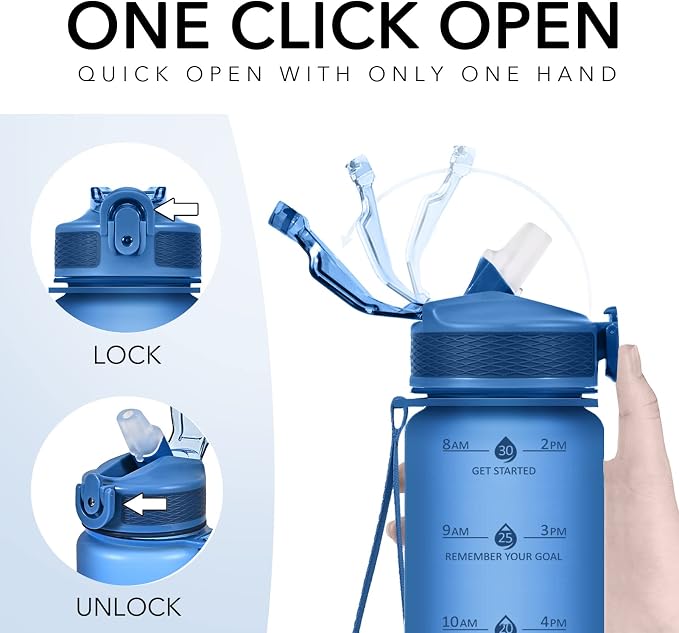 Hyeta Plastic Water Bottle With Straw & Time Marker, 32oz Leakproof Jug | Motivational Tritan BPA Free Gym Office Outdoor Intake Tracker Hourly Reminder Straw Lid Lightweight
