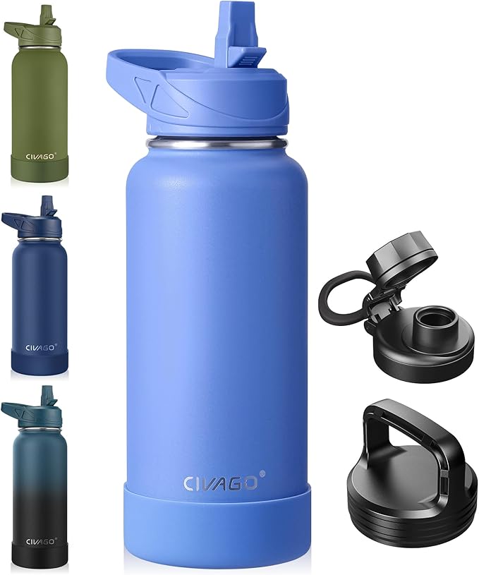 CIVAGO 32 oz Insulated Water Bottle With Straw, Stainless Steel Sports Water Cup Flask with 3 Lids (Straw, Spout and Handle Lid), Wide Mouth Travel Thermal Mug, Light Blue