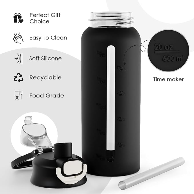 SANDJEST Glass Water Bottle with Silicone Sleeve 24oz with Lid, Motivational Time Marker, Drinking Hydration Glass Bottles for Men Women, Gym Travel Sports (Black)