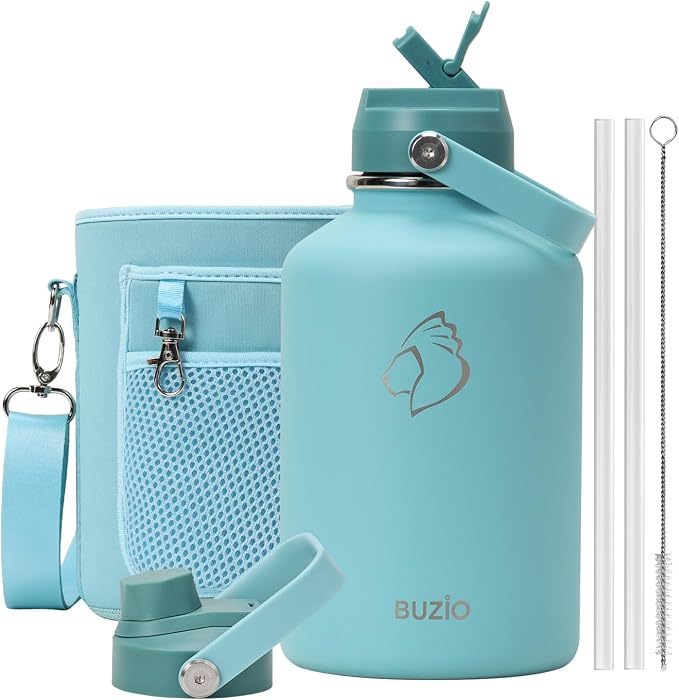 BUZIO 64 oz Insulated Stainless Steel Water Bottle with Dust-proof Lids | Half Gallon Water Jug, Cold for 48 Hrs, Triple Wall with Copper Plating, Leakproof, Non-BPA, for Gym, Hiking, Camping, Black