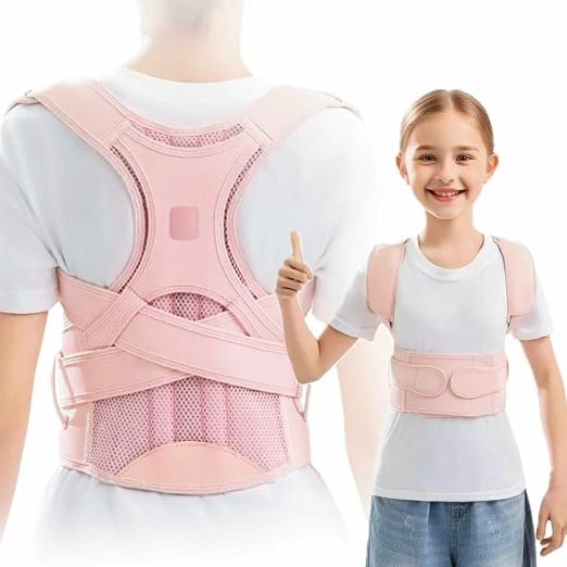 Back Brace Posture Corrector for Kids Teenagers Women, Adjustable Upper Back Straightener Lumbar Support Belt for Student Boys Girls Hunchback Scoliosis Pain Relief Spine Corrector (Pink, Small)