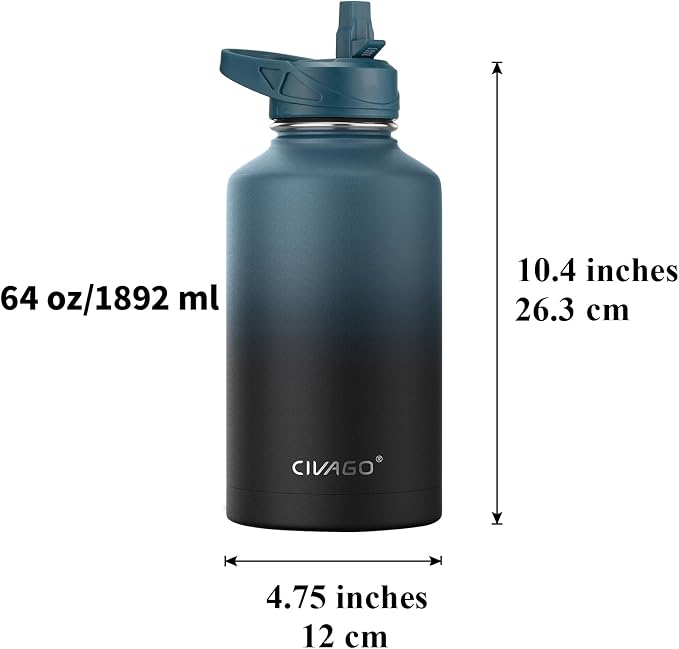 CIVAGO 64 oz Insulated Water Bottle With Straw, Half Gallon Stainless Steel Sports Water Flask Jug with 3 Lids (Straw, Spout and Handle Lid), Large Metal Thermal Cup Mug, Cream