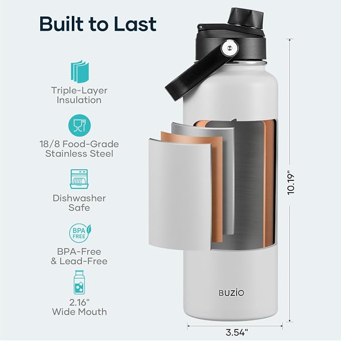 BUZIO Triple Wall Vacuum Water Bottle with Dust-proof Straw & Spout Lids | 40 oz Insulated Stainless Steel Water Flask (Cold for 48 Hrs/Hot for 24 Hrs), Dishwasher Safe, Leakproof, Non-BPA, for Hiking