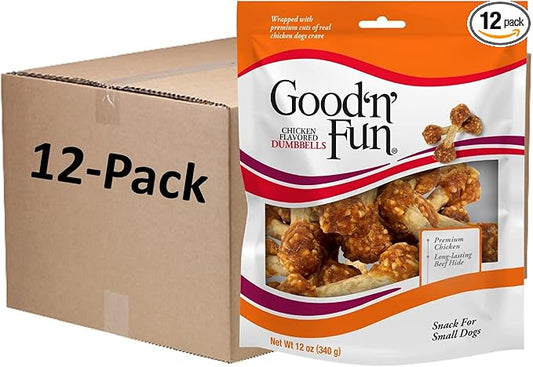 Good 'n' Fun Chicken Flavored Dumbbells 12 Ounces, Rawhide Snacks for Small Dogs (1 CASE of 12 Individual 12 OZ Packs)