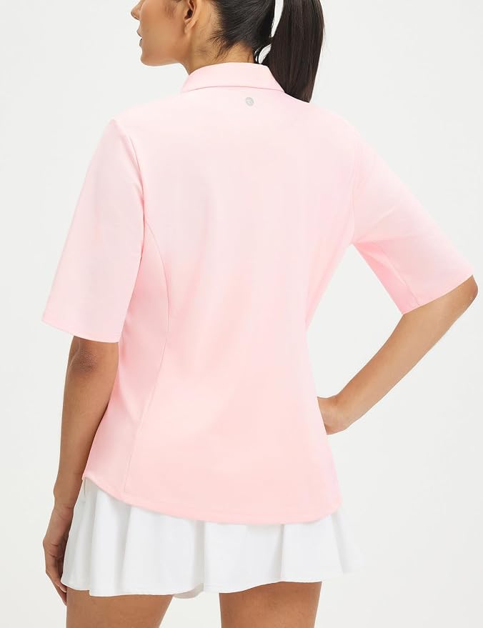 baleaf Womens Golf Shirts Half Sleeve Elbow Length Polo Tops | Stretch, Sun Protection UPF 50+, Quick Dry, Breathable, Moisture Wicking, Quarter Zip V Neck, Ideal for Golf Work Casual
