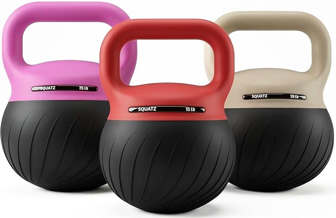 Squatz Soft Drop Kettlebell Set for Home Gym Strength Training - Cushioned Base Kettlebell Set with Wide Grip Handle, Floor-Safe Design, 15 lb, 20 lb, and 25 lb Weights for Full Body Workouts
