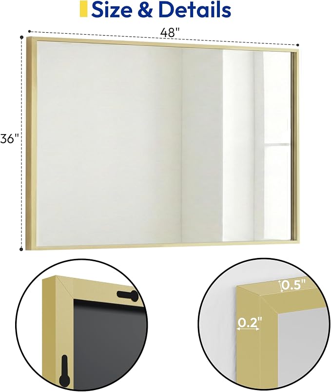 36" x 48" Gold Wall Mirror for Bathroom, 48" x 36" Oversized Rectangular Accent Decor, Large Metal Framed Mirror for Dining Room & Vanity