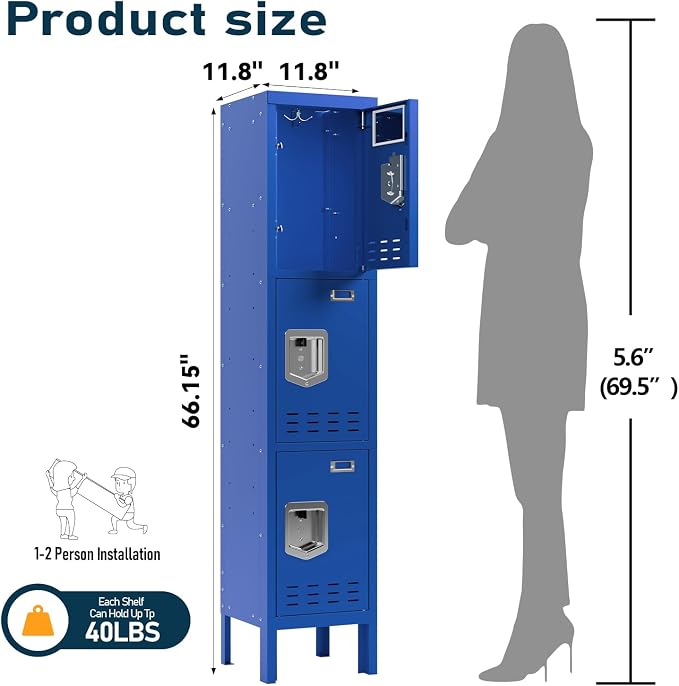 BUTISOW 3 Door Employee Metal Locker w/Card Slot for School Gym Office | Ventilated Metal Steel Locker with Mirror & Multi Hooks for Secure Storage