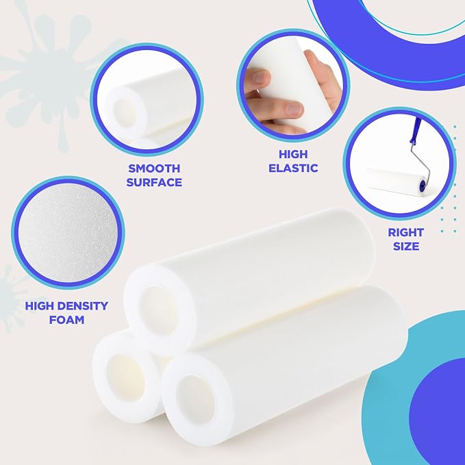Leumoi 4 Pcs 9 Inch Foam Paint Rollers with Roller Frame Kit, High Density Foam Paint Roller Covers for Painting Doors Wall Houses Cabinets Ceilings Furniture Flat Surfaces